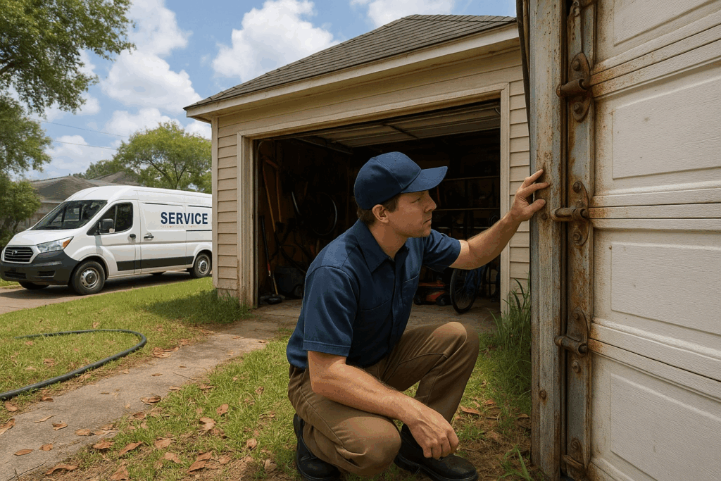 Technician inspecting a rusty garage door hinge to repair garage door and restore safe operation.