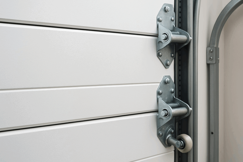 Close-up of garage door hinges and roller track in good condition after repair garage door service.