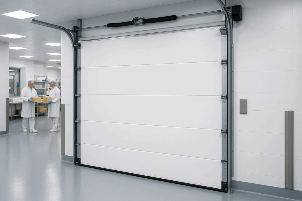 Clean pharmaceutical facility with sleek industrial garage door ensuring sterile and secure environment.