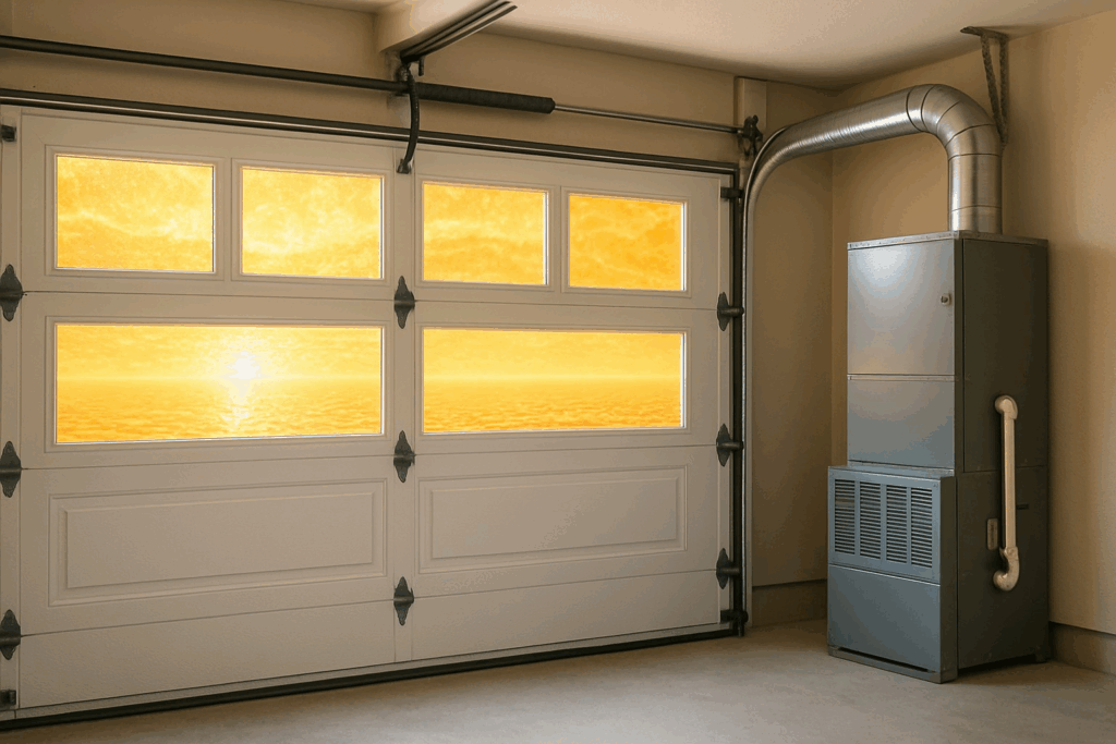 Interior view of modern garage doors with insulated windows and HVAC system.