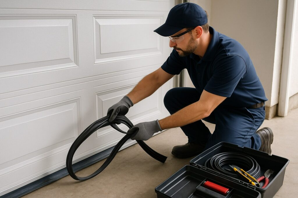 Garage Door Maintenance technician replacing a worn bottom seal to improve insulation, prevent drafts, and ensure proper door alignment.