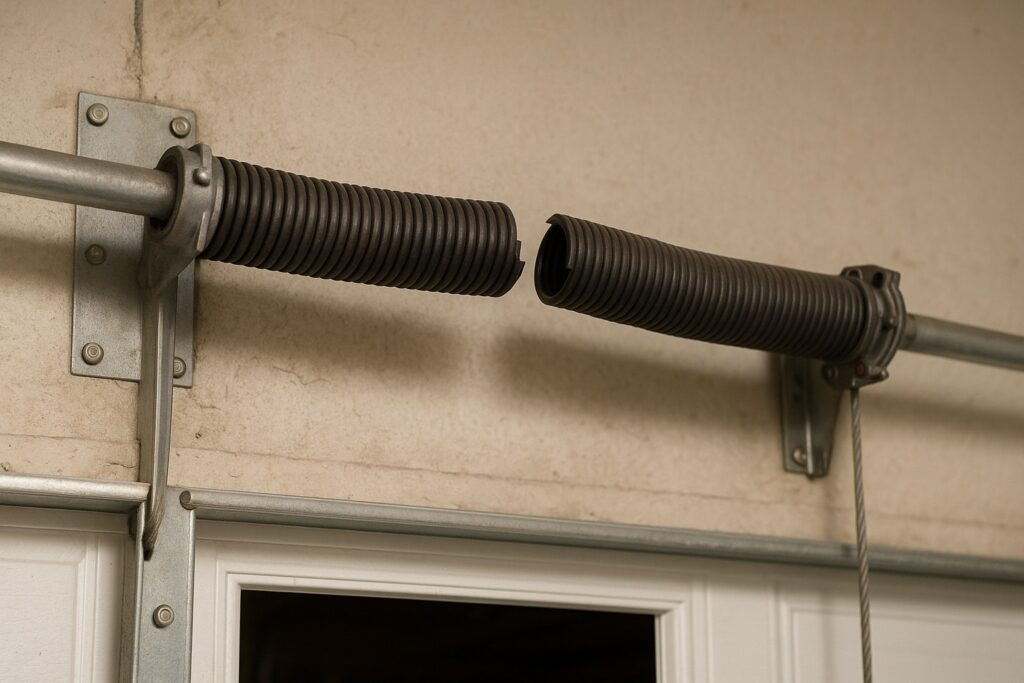 Close-up of a broken torsion spring on a garage door, showing a clean separation in the coil that indicates the need for immediate professional repair.