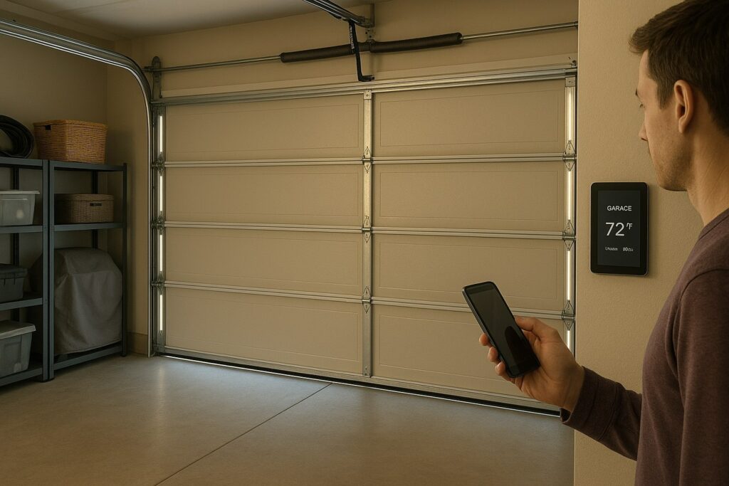 smartphone to control automatic garage doors inside a modern, organized garage.