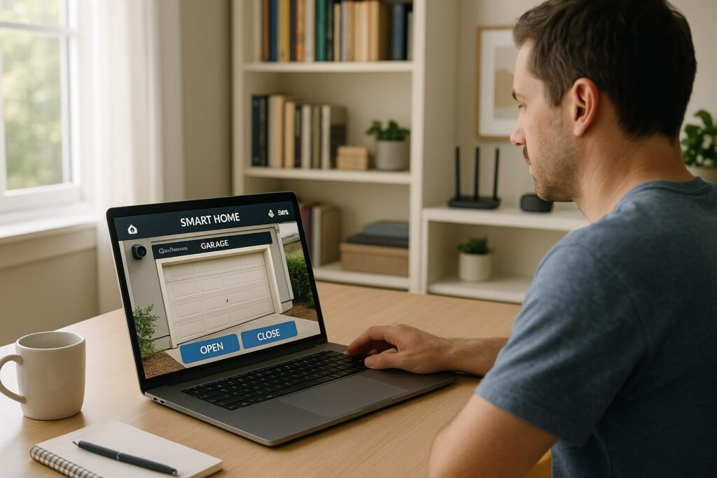 A man uses his laptop’s smart home system to remotely open and close his automatic garage doors.